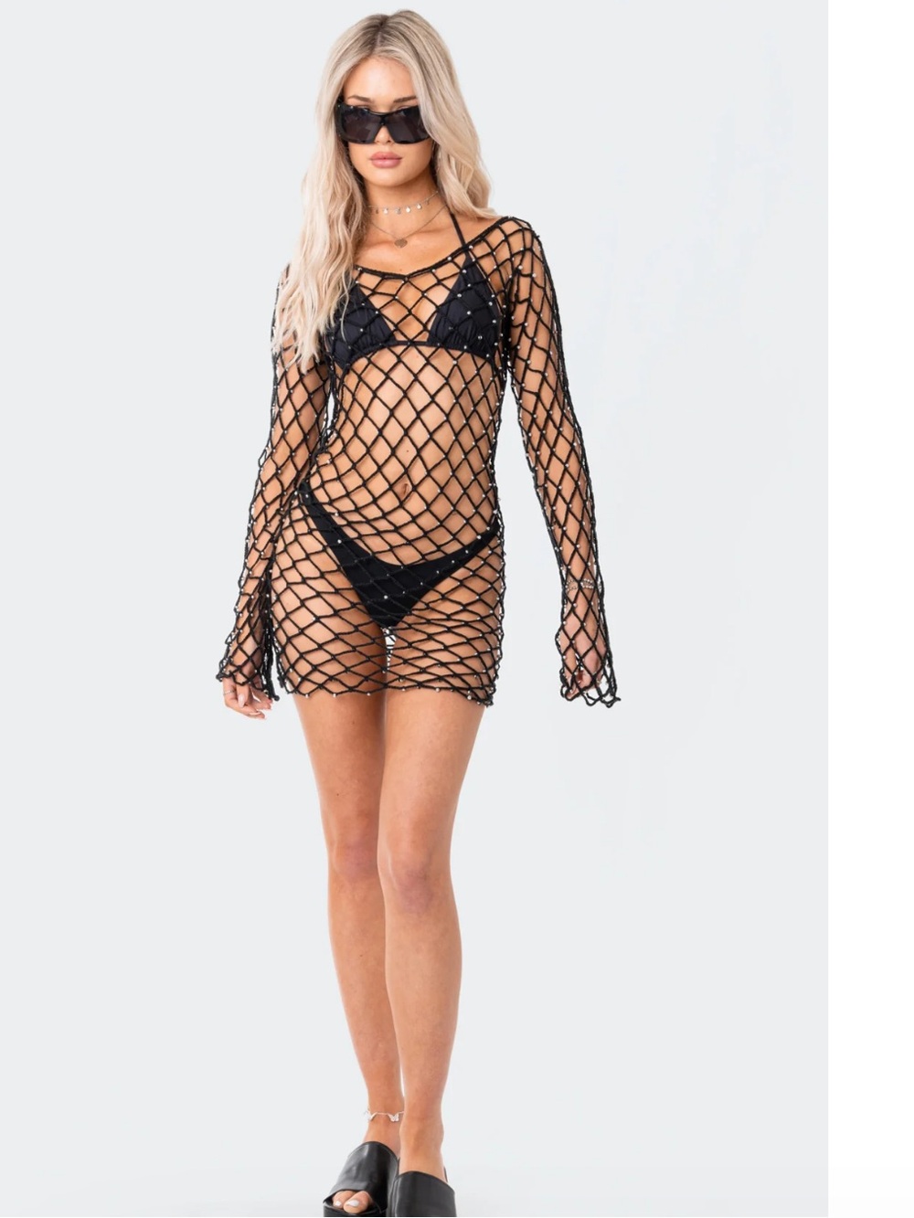 Edikted Fishnet Beaded Mini Dress